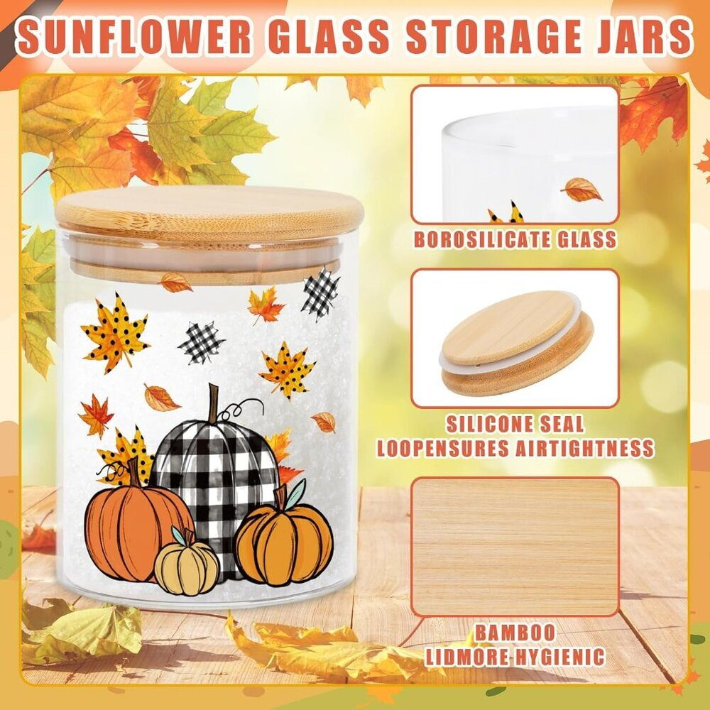 3Pcs Fall Glass Storage Jars with Airtight Bamboo Lid Pumpkin Truck Leaves Clear - Picture 4 of 6
